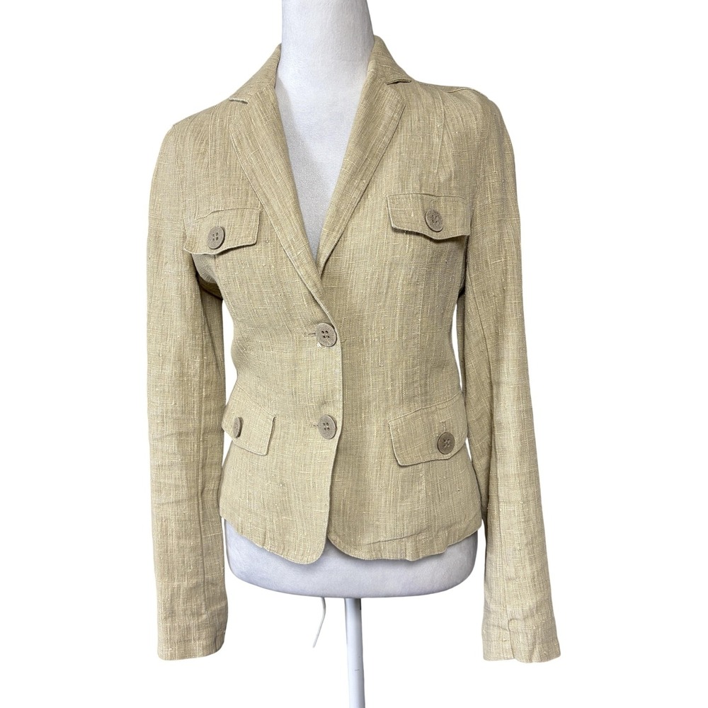 Zara Basic Blazer Womens‎ S Beige Linen Three Button Tailored Jacket Lined Spain